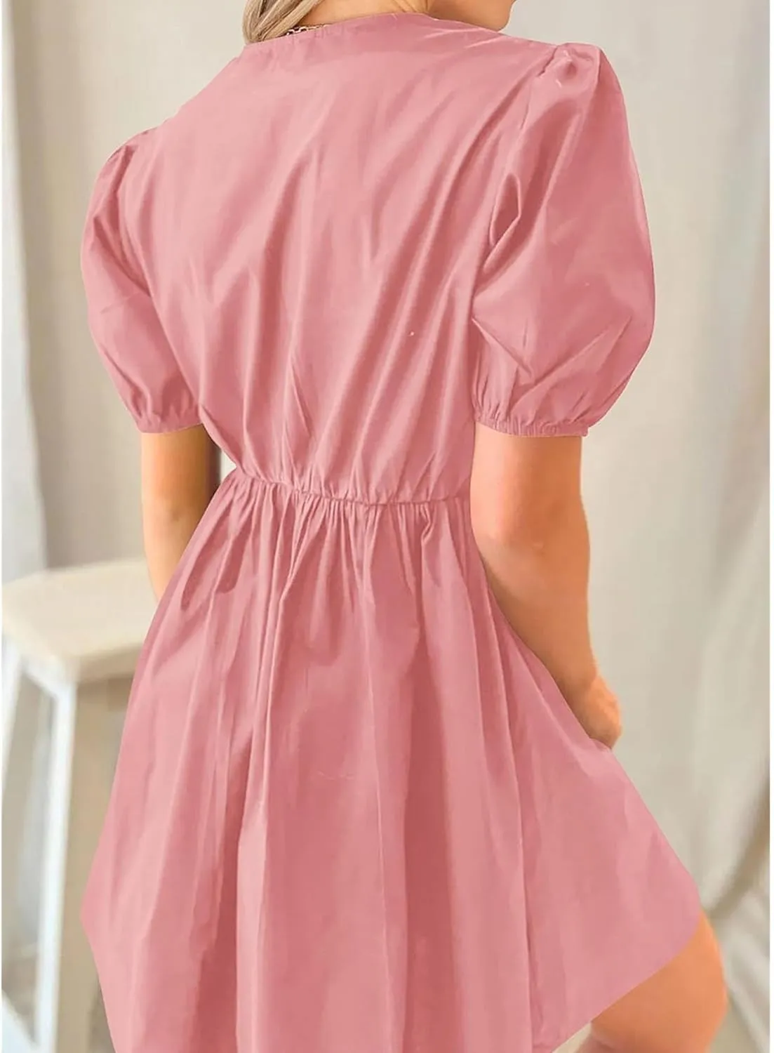Puff Sleeve Dress for Women Summer Short Sleeve Mini Babydoll Dress Bow Front Tie Cute Pleated A Line Tunic Dresses