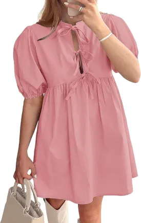 Puff Sleeve Dress for Women Summer Short Sleeve Mini Babydoll Dress Bow Front Tie Cute Pleated A Line Tunic Dresses