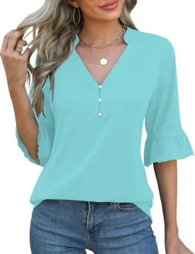 Rapbin Womens 3/4 Length Sleeve Blouses Ruffle Cuffs V Neck Button Down Shirts Dressy Flowy Tunic Tops