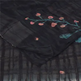 Sanskriti Vintage Sarees Black/Ivory Pure Georgette Silk Print Sari 5 yd Sustainable Fabric