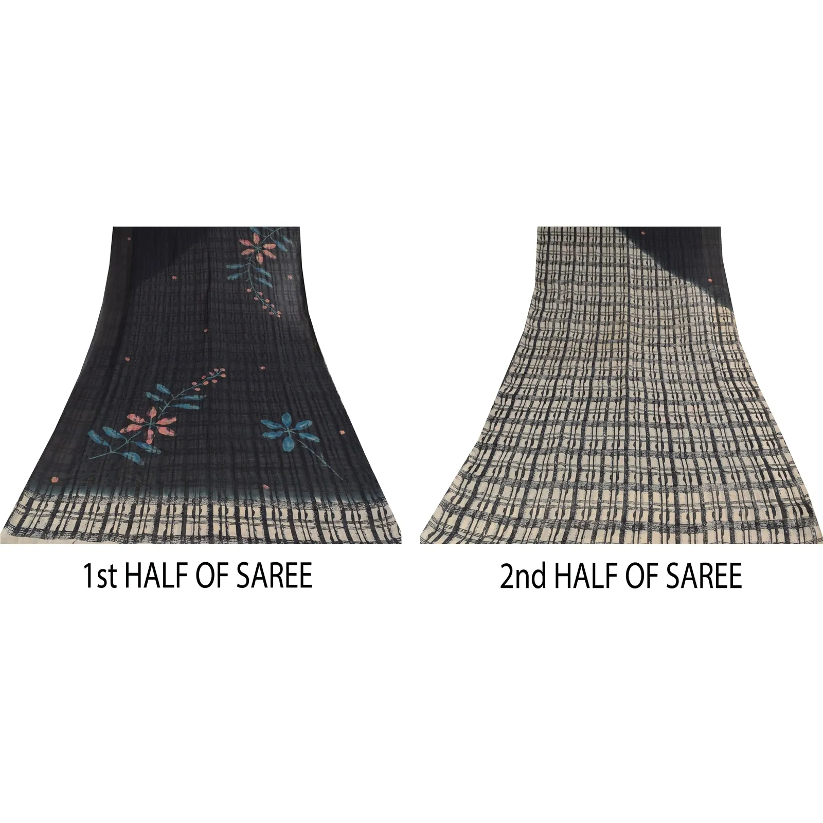 Sanskriti Vintage Sarees Black/Ivory Pure Georgette Silk Print Sari 5 yd Sustainable Fabric