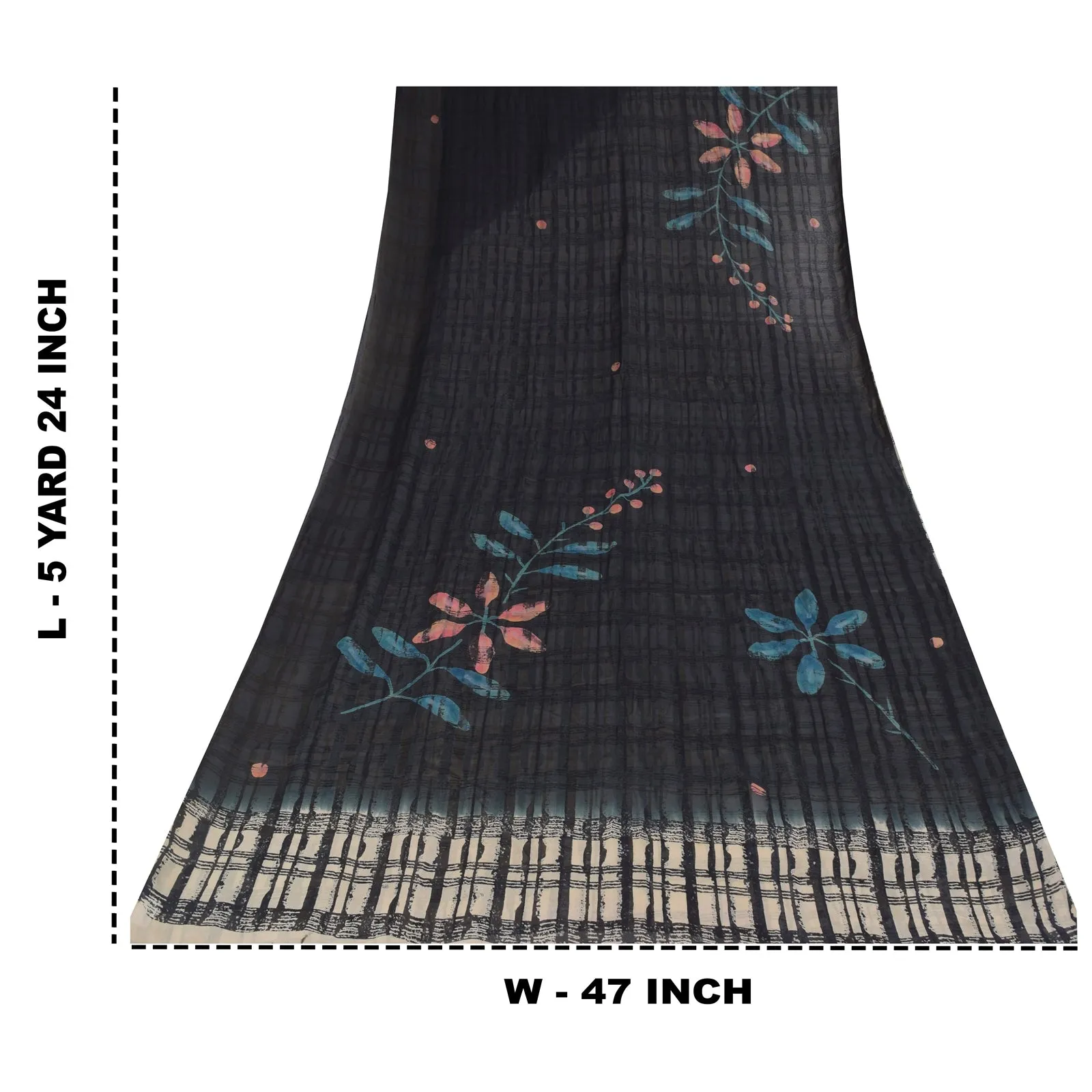 Sanskriti Vintage Sarees Black/Ivory Pure Georgette Silk Print Sari 5 yd Sustainable Fabric
