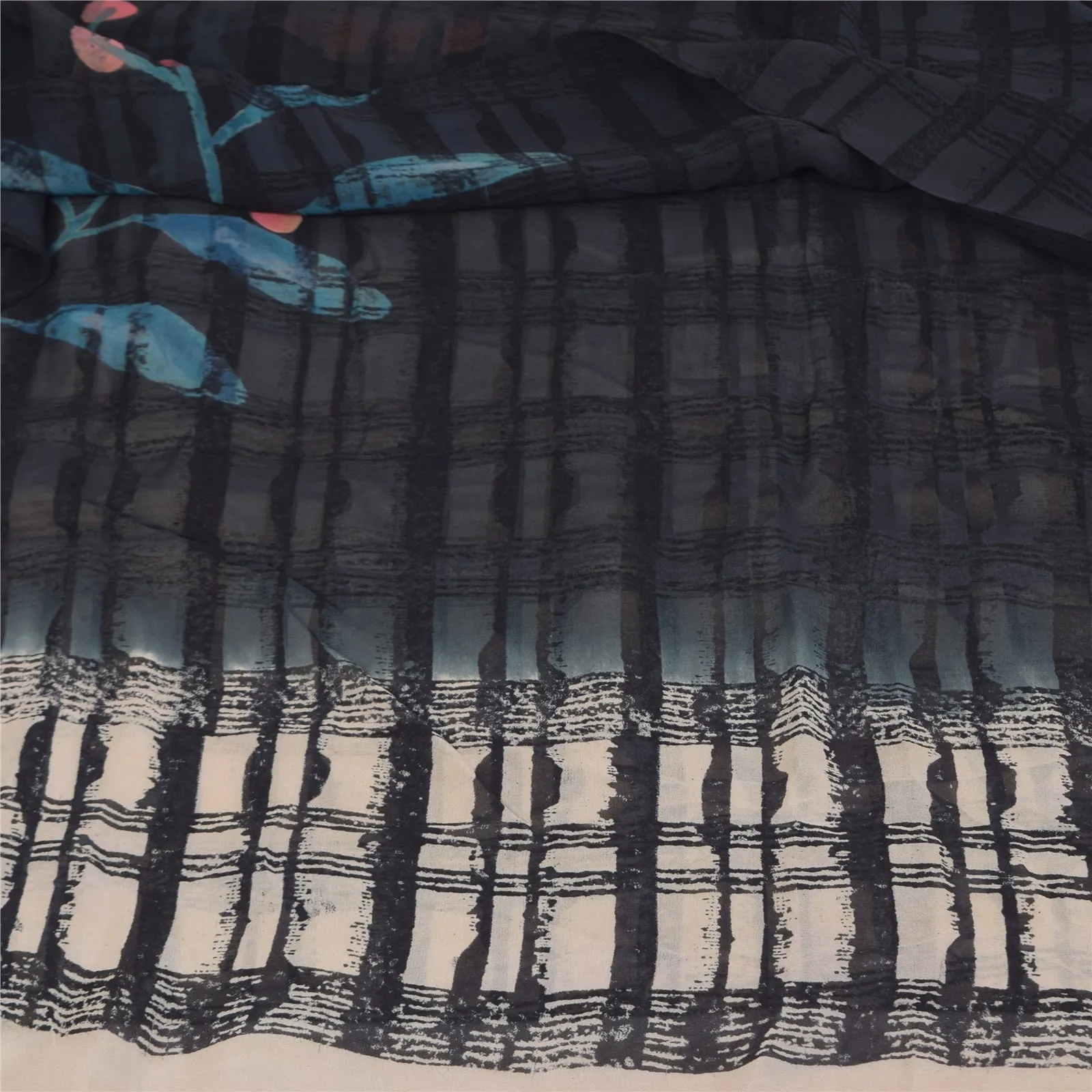 Sanskriti Vintage Sarees Black/Ivory Pure Georgette Silk Print Sari 5 yd Sustainable Fabric