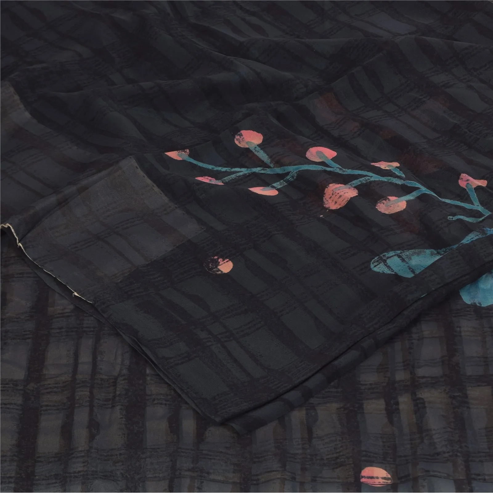 Sanskriti Vintage Sarees Black/Ivory Pure Georgette Silk Print Sari 5 yd Sustainable Fabric