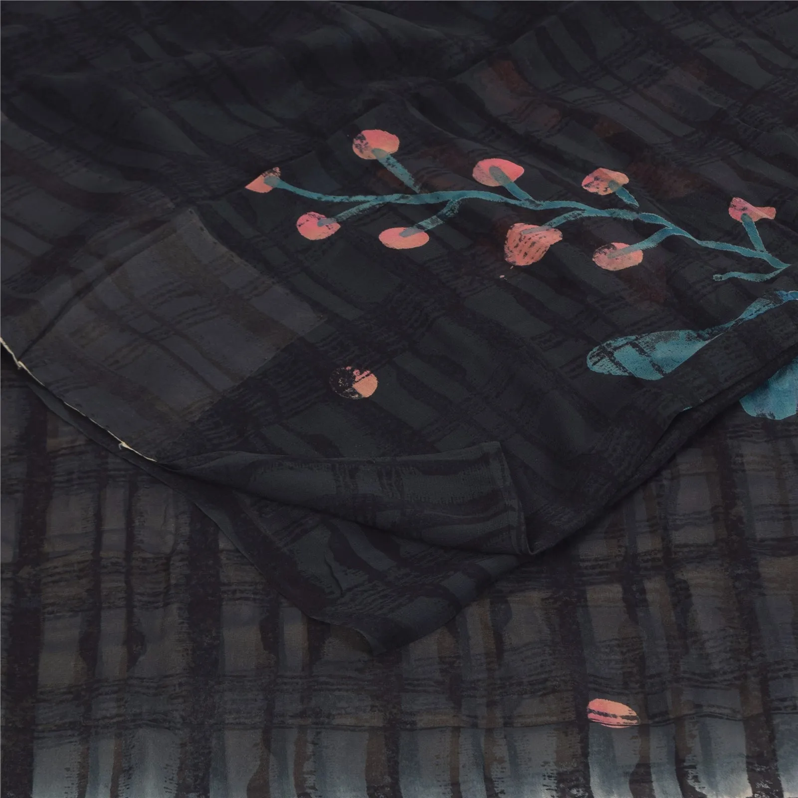 Sanskriti Vintage Sarees Black/Ivory Pure Georgette Silk Print Sari 5 yd Sustainable Fabric