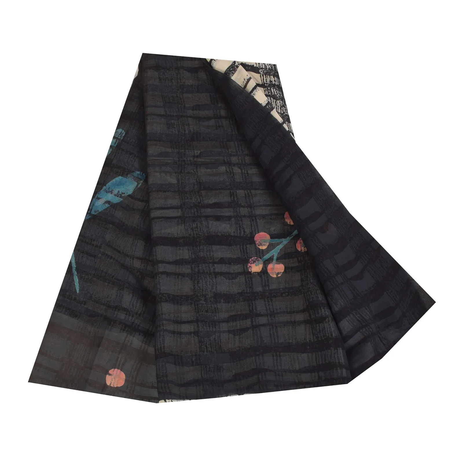 Sanskriti Vintage Sarees Black/Ivory Pure Georgette Silk Print Sari 5 yd Sustainable Fabric