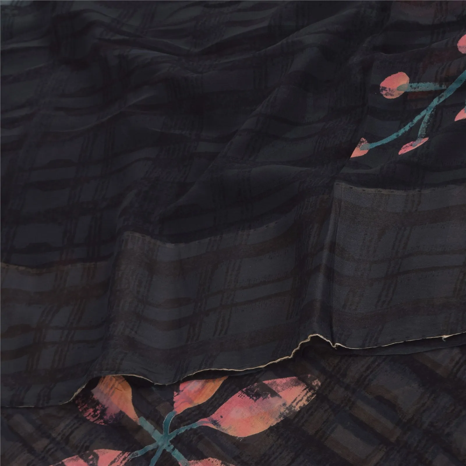 Sanskriti Vintage Sarees Black/Ivory Pure Georgette Silk Print Sari 5 yd Sustainable Fabric