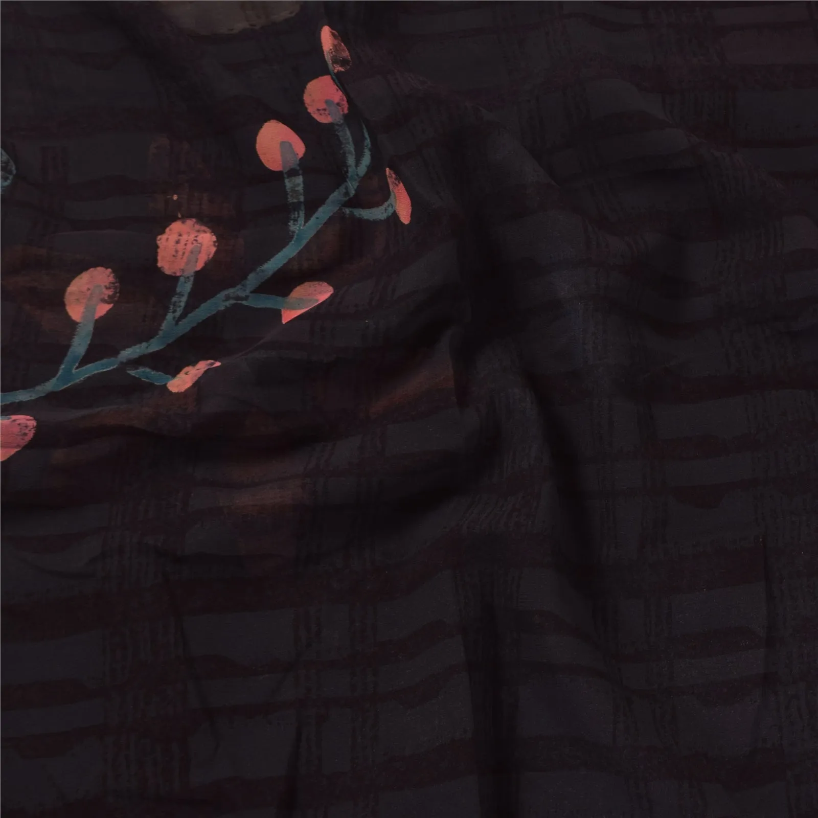 Sanskriti Vintage Sarees Black/Ivory Pure Georgette Silk Print Sari 5 yd Sustainable Fabric