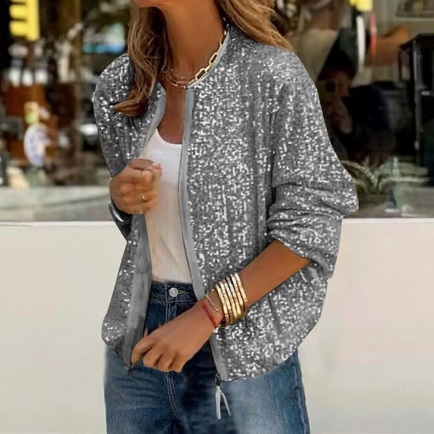 Sequin Jackets for Women Sparkly Bomber Jacket Zip Up Cardigans for Women Trendy Concert Tops for Women