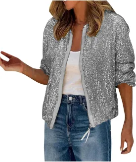 Sequin Jackets for Women Sparkly Bomber Jacket Zip Up Cardigans for Women Trendy Concert Tops for Women