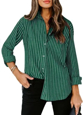 siliteelon Womens Button Down Shirts Cotton Striped Dress Shirt Long Sleeve Collared Office Work Blouses Tops