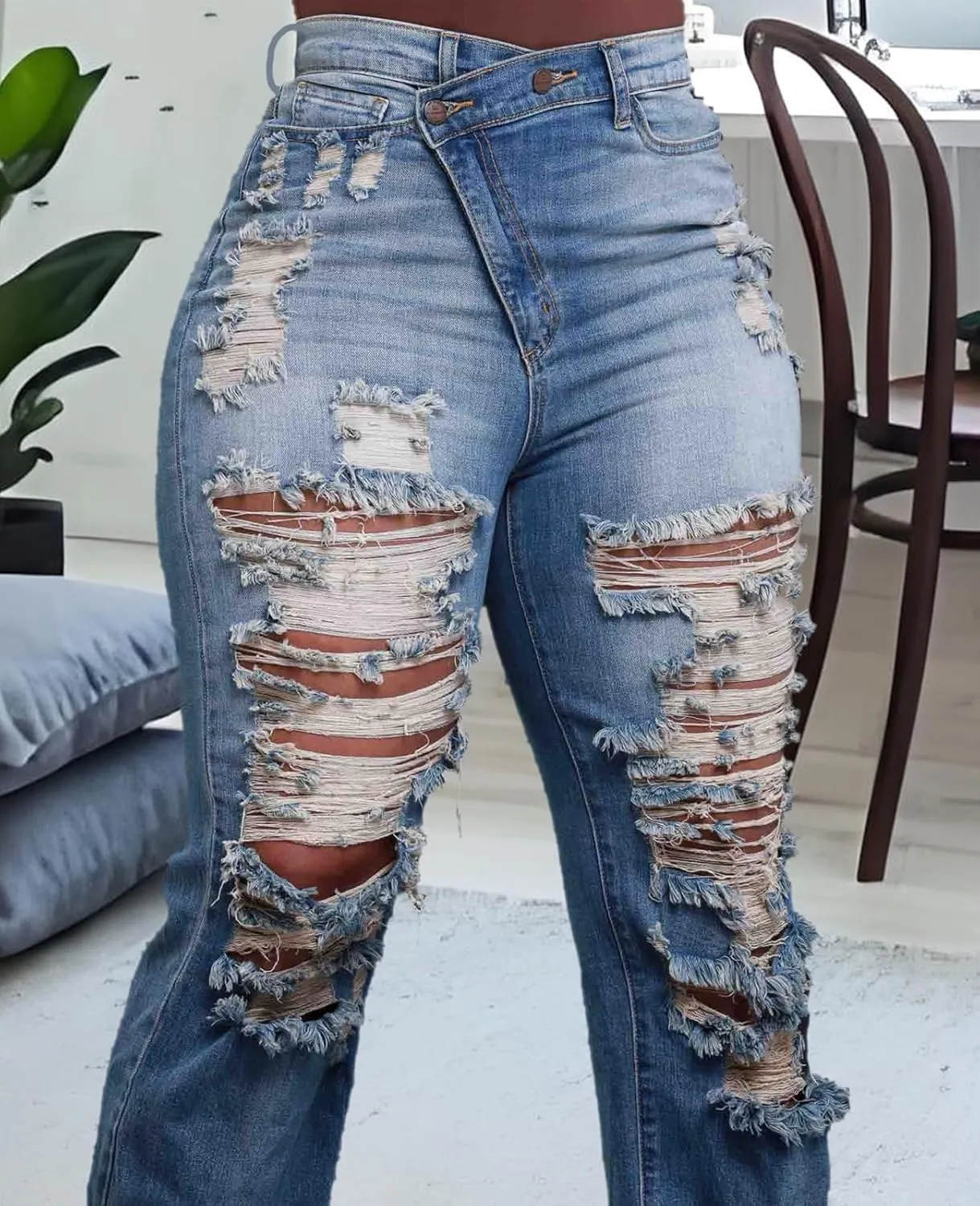 Skinny Bell Bottom Jeans for Women High Waisted Elastic Ripped Hole Flare Jeans Classic Denim Pants