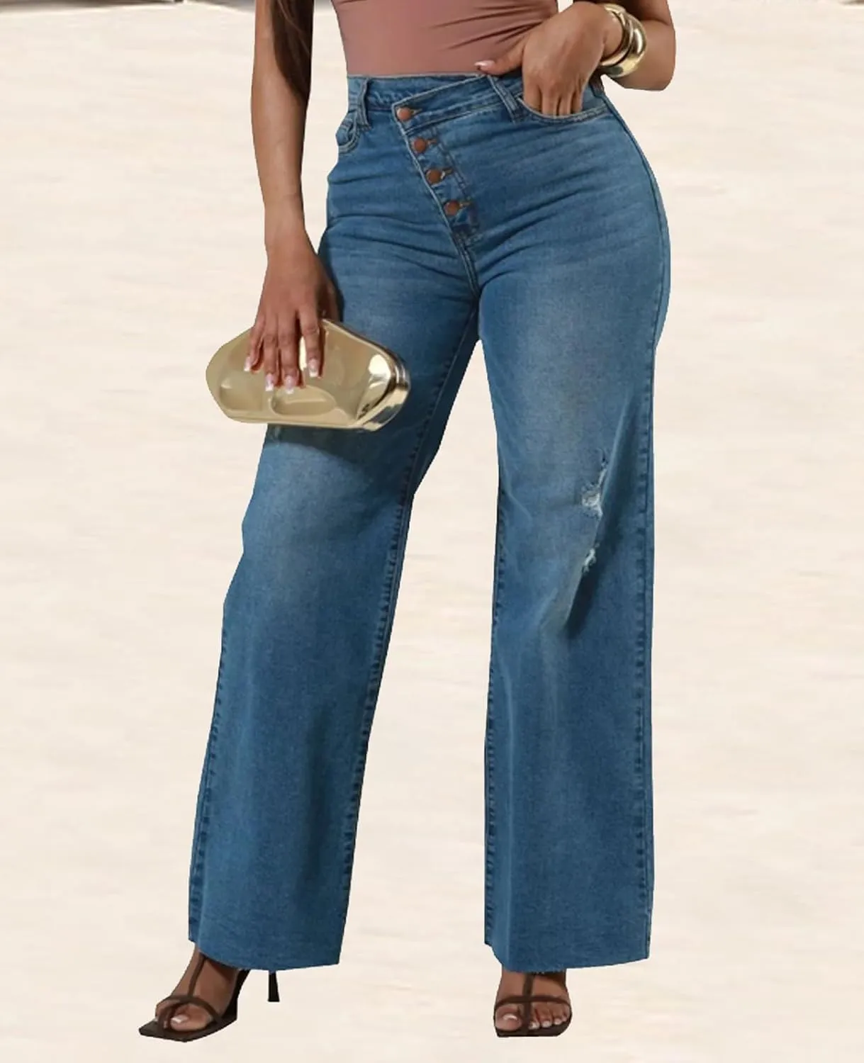 Skinny Bell Bottom Jeans for Women High Waisted Elastic Ripped Hole Flare Jeans Classic Denim Pants
