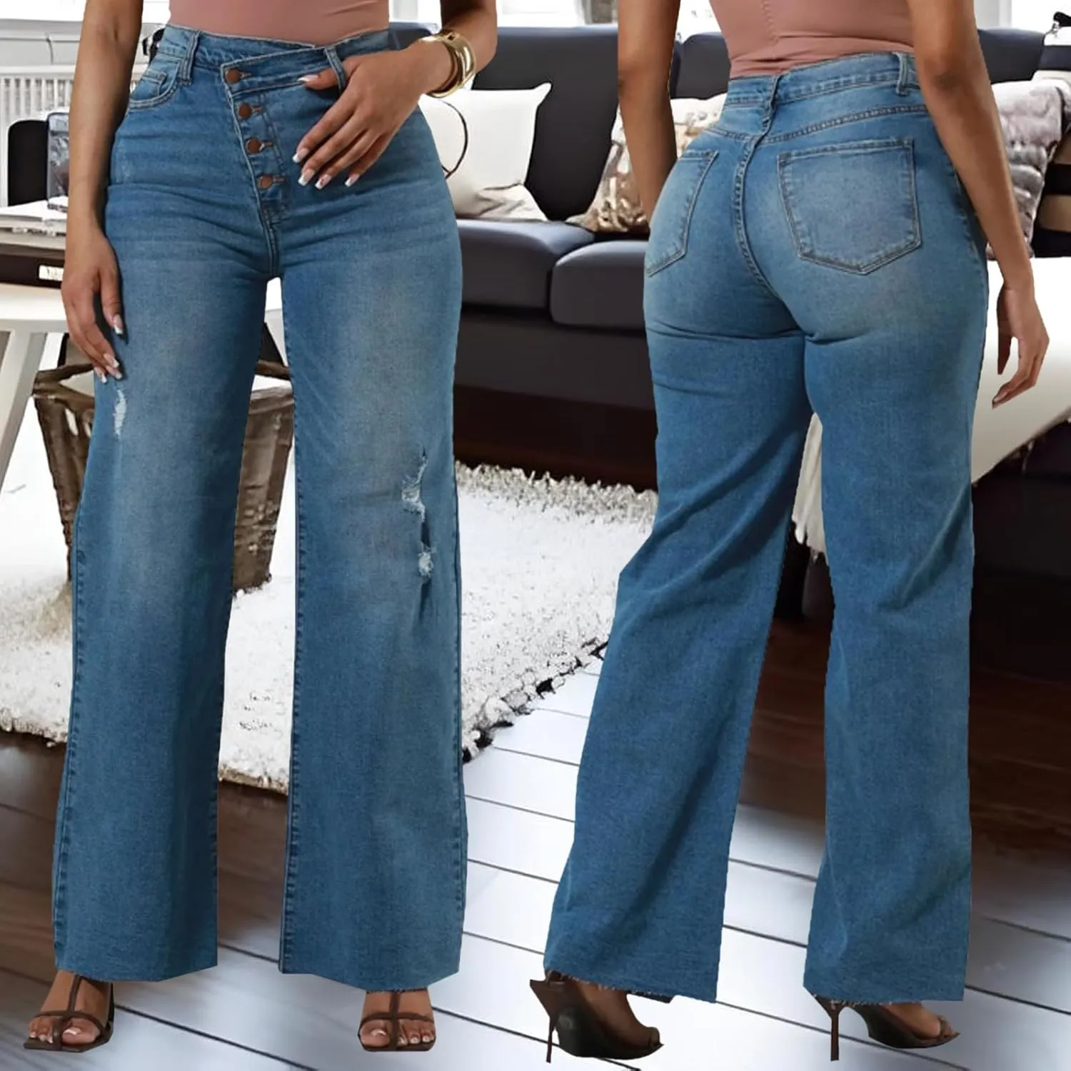 Skinny Bell Bottom Jeans for Women High Waisted Elastic Ripped Hole Flare Jeans Classic Denim Pants