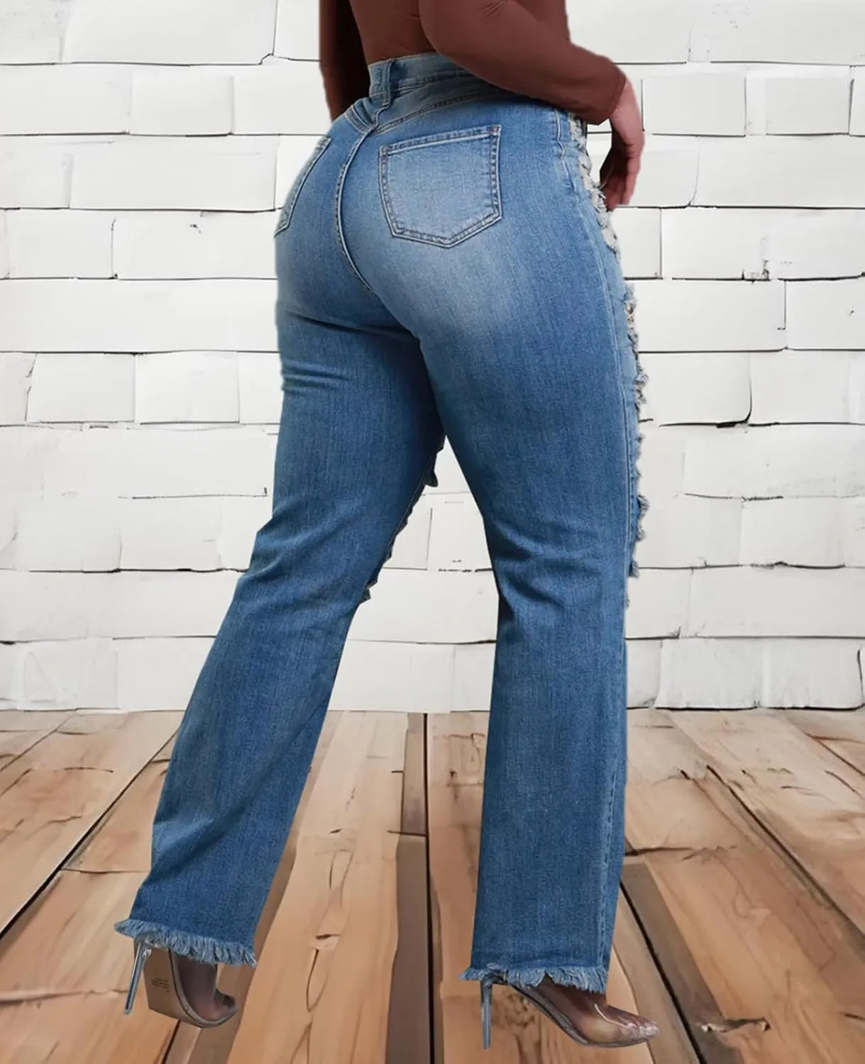Skinny Bell Bottom Jeans for Women High Waisted Elastic Ripped Hole Flare Jeans Classic Denim Pants