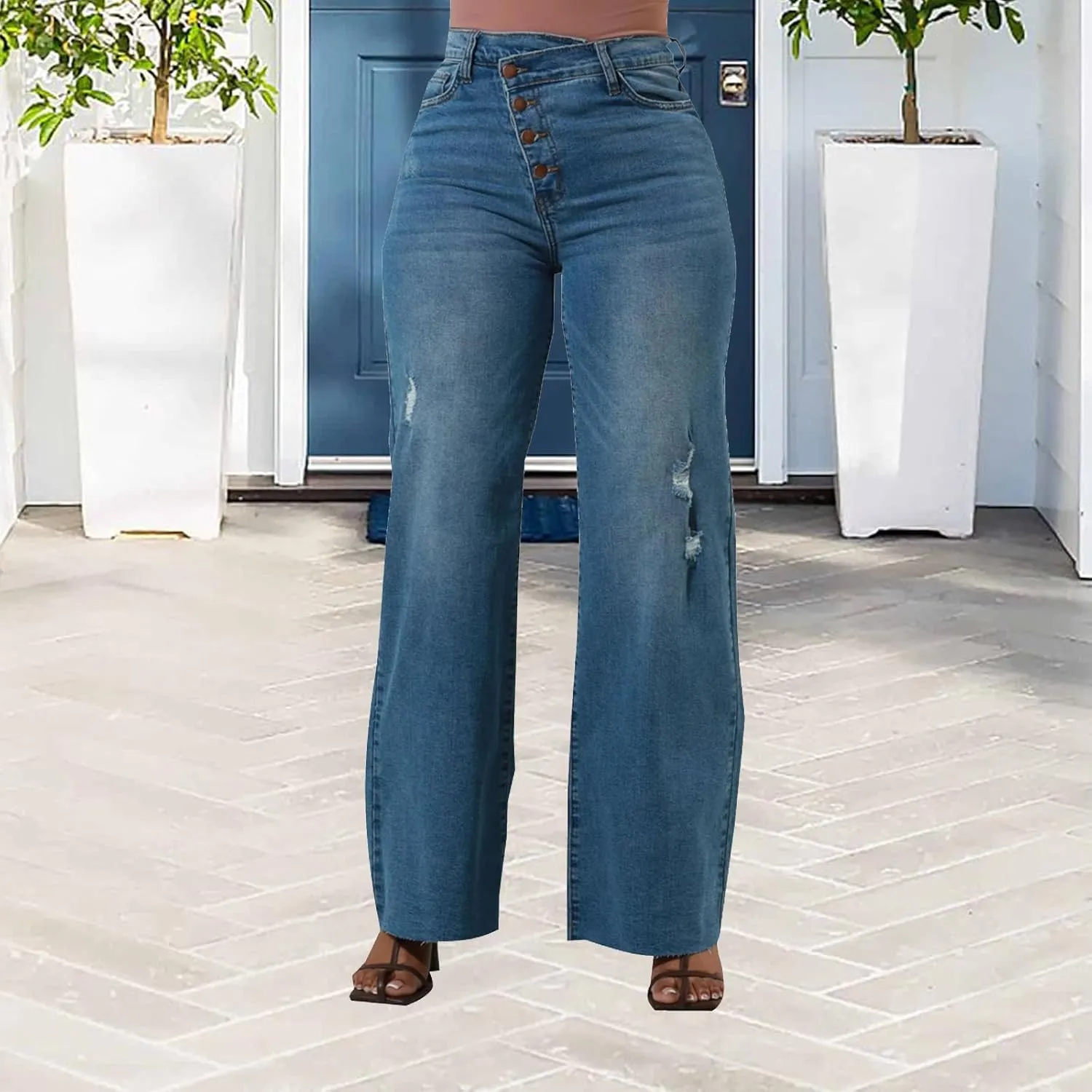 Skinny Bell Bottom Jeans for Women High Waisted Elastic Ripped Hole Flare Jeans Classic Denim Pants