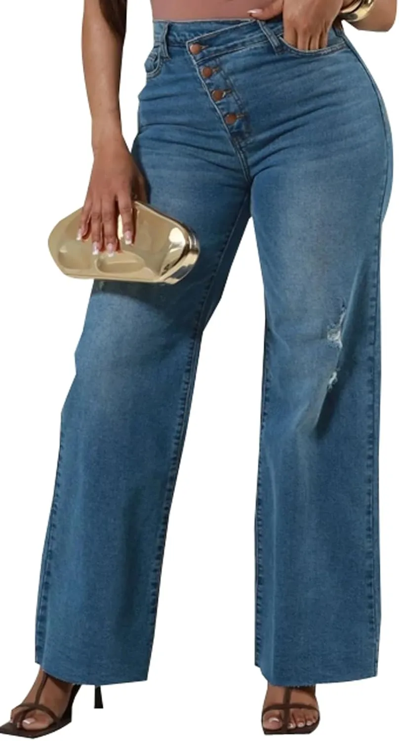 Skinny Bell Bottom Jeans for Women High Waisted Elastic Ripped Hole Flare Jeans Classic Denim Pants