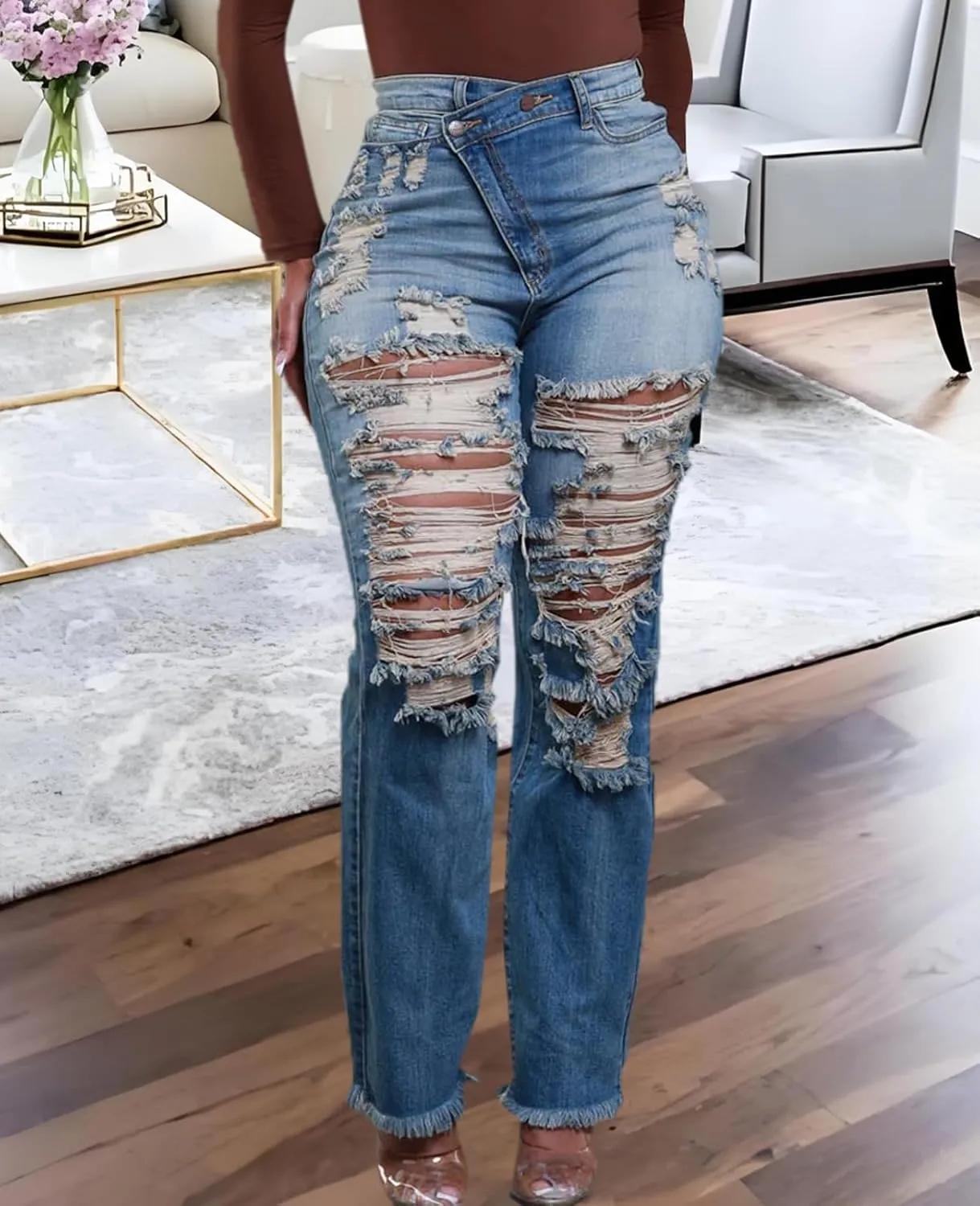 Skinny Bell Bottom Jeans for Women High Waisted Elastic Ripped Hole Flare Jeans Classic Denim Pants