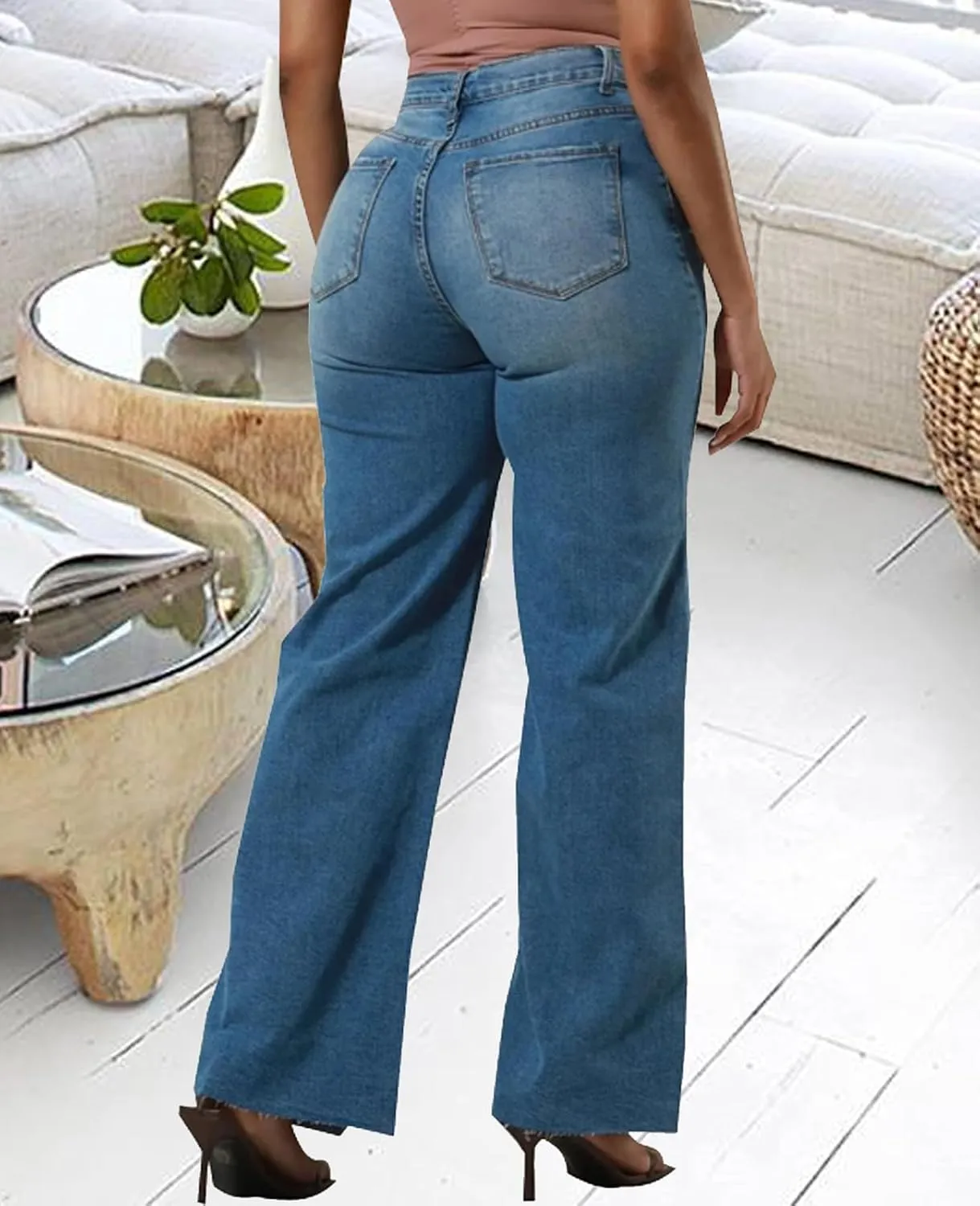 Skinny Bell Bottom Jeans for Women High Waisted Elastic Ripped Hole Flare Jeans Classic Denim Pants