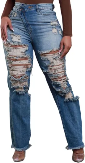 Skinny Bell Bottom Jeans for Women High Waisted Elastic Ripped Hole Flare Jeans Classic Denim Pants