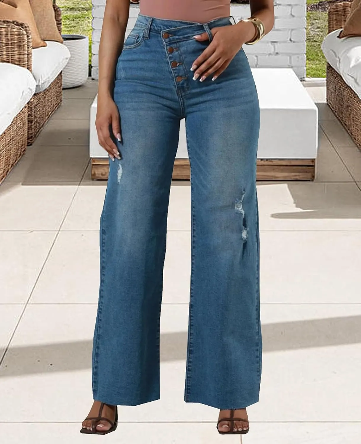 Skinny Bell Bottom Jeans for Women High Waisted Elastic Ripped Hole Flare Jeans Classic Denim Pants