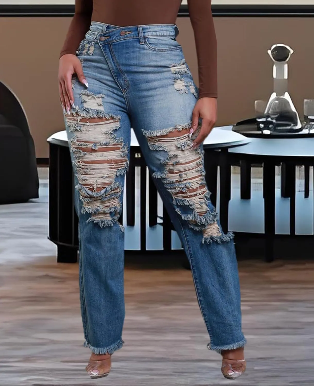 Skinny Bell Bottom Jeans for Women High Waisted Elastic Ripped Hole Flare Jeans Classic Denim Pants