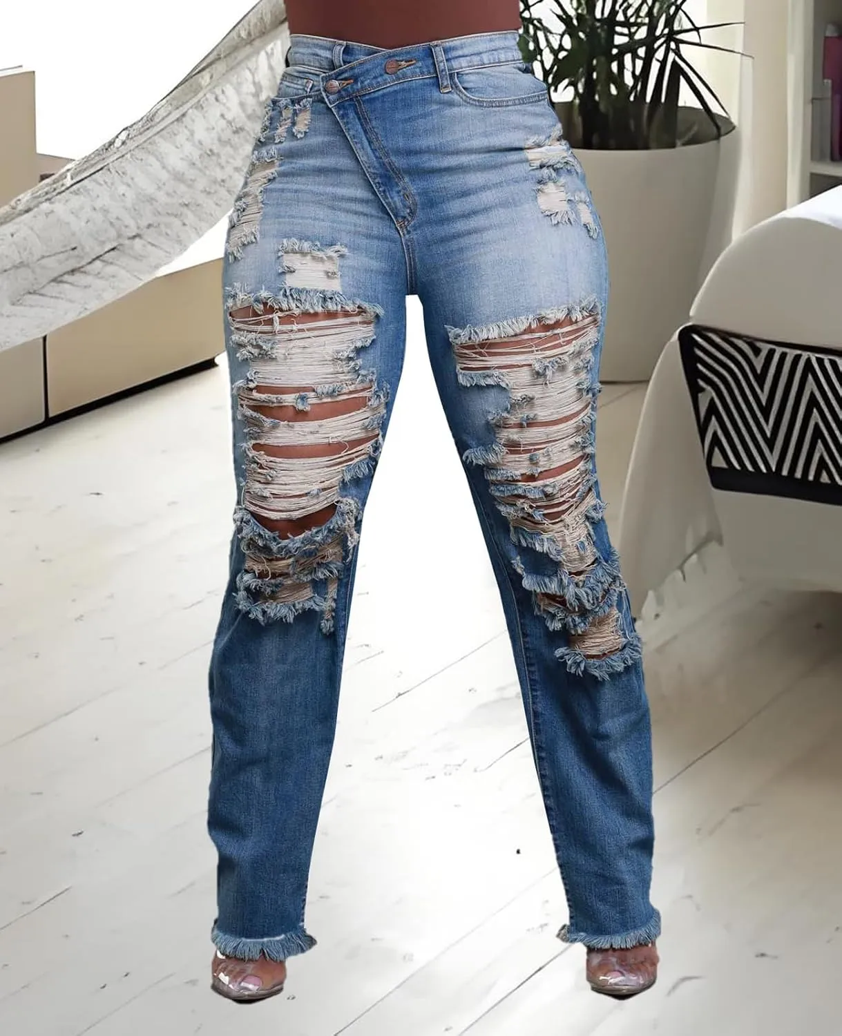 Skinny Bell Bottom Jeans for Women High Waisted Elastic Ripped Hole Flare Jeans Classic Denim Pants