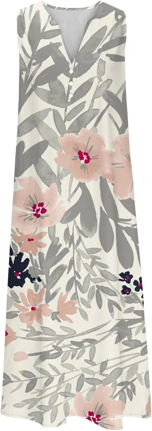 SMIDOW Womens Summer Casual Dress Fashion Floral Printed Elegant Sleeveless V-Neck Long Dress with Pockets