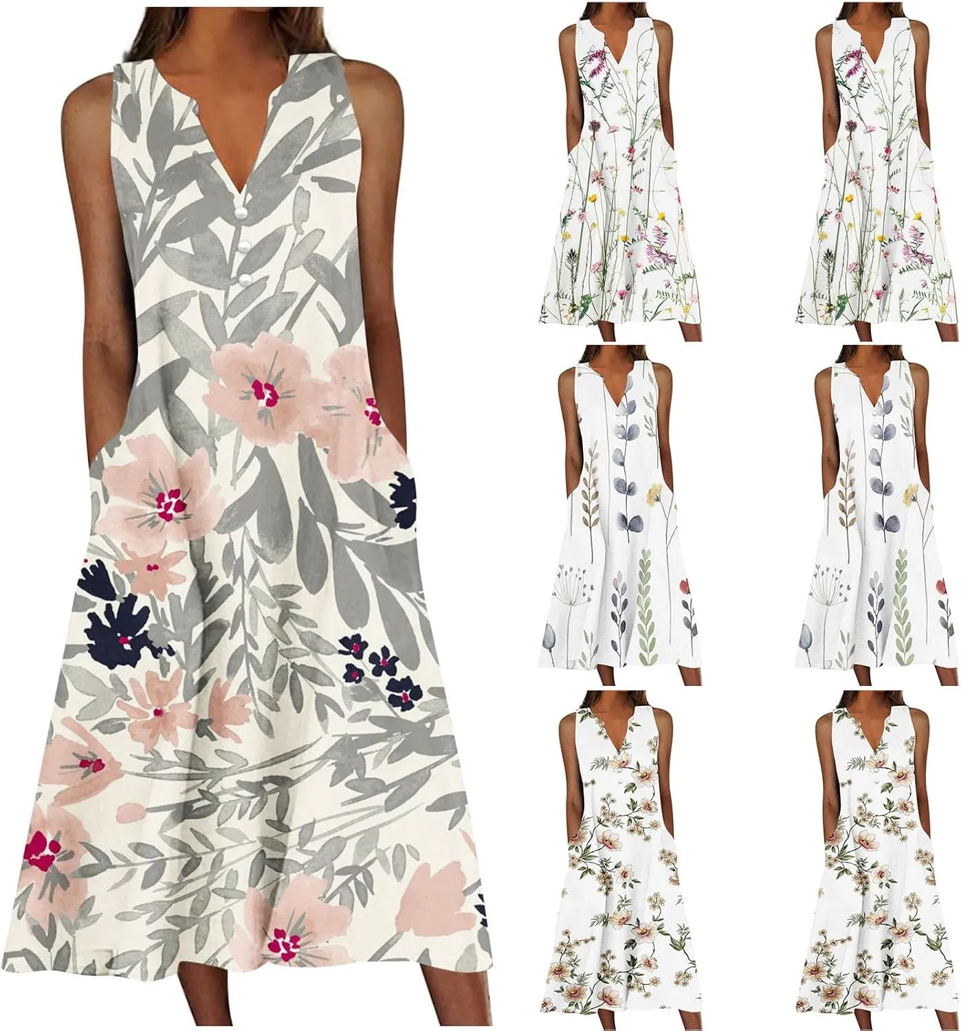 SMIDOW Womens Summer Casual Dress Fashion Floral Printed Elegant Sleeveless V-Neck Long Dress with Pockets