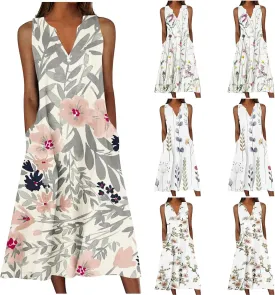 SMIDOW Womens Summer Casual Dress Fashion Floral Printed Elegant Sleeveless V-Neck Long Dress with Pockets