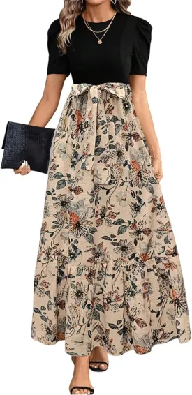 Summer Dresses for Women Elegant Boho Tie Belted Patchwork Empire Waist Short Sleeve Modest Flowy Maxi Long Dress