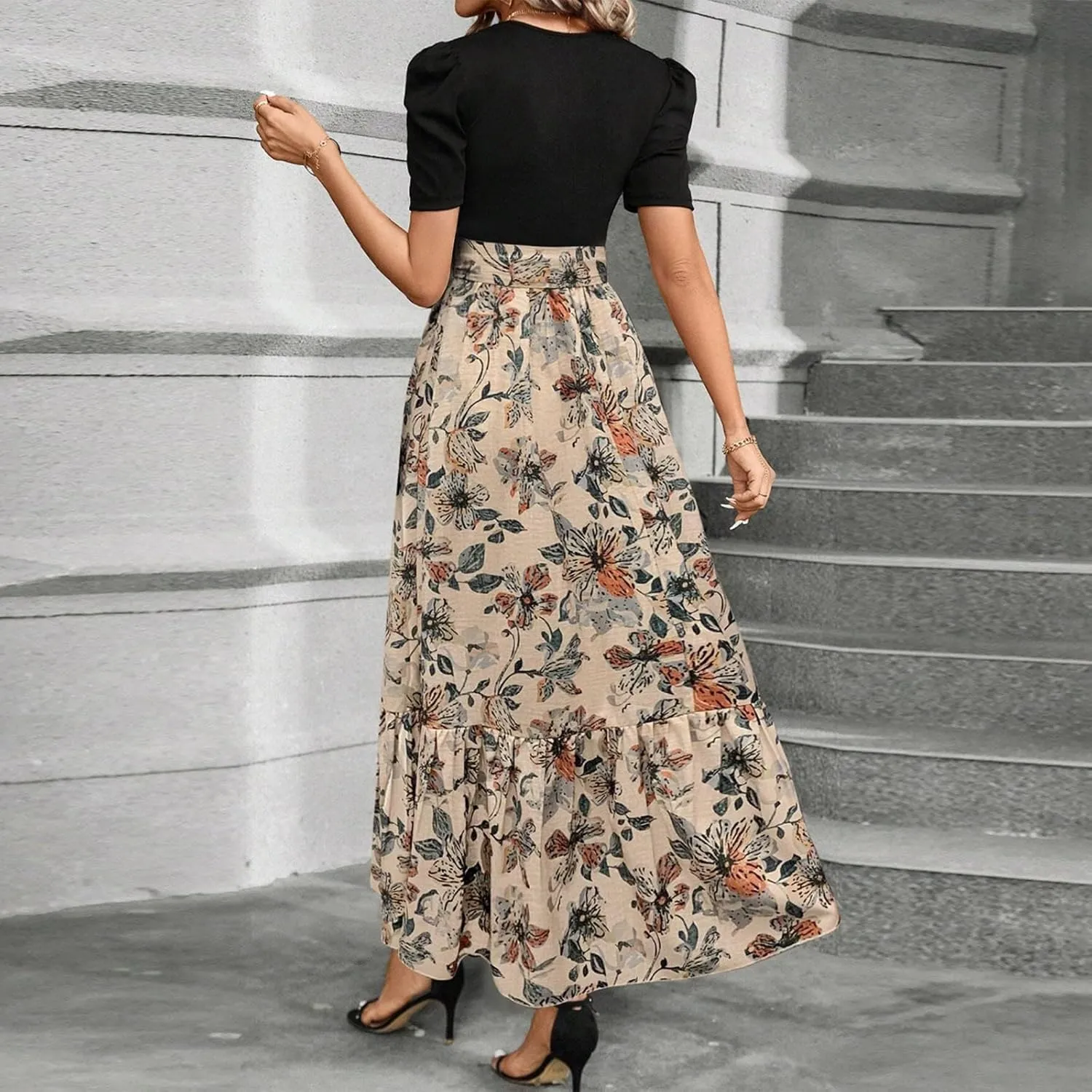 Summer Dresses for Women Elegant Boho Tie Belted Patchwork Empire Waist Short Sleeve Modest Flowy Maxi Long Dress