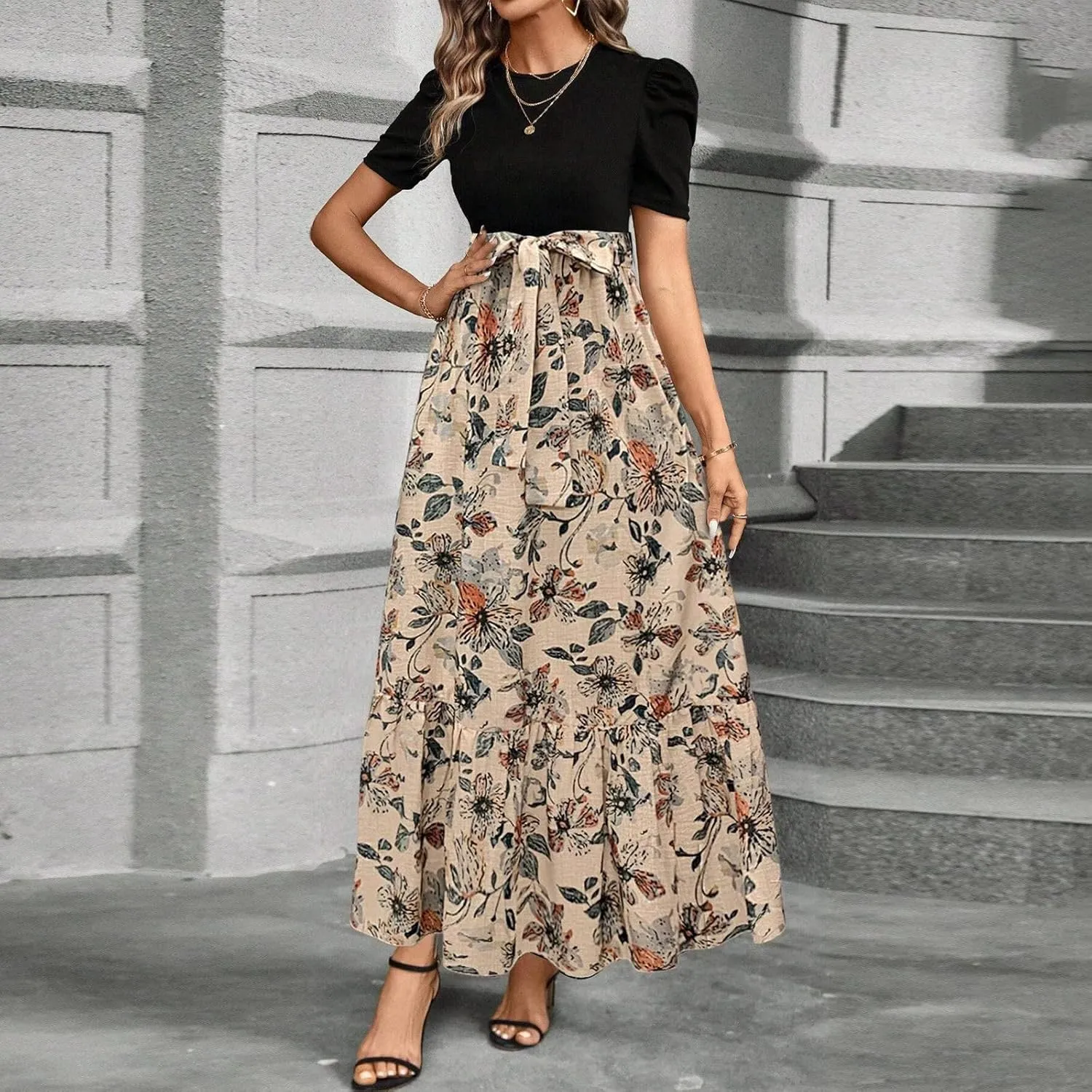 Summer Dresses for Women Elegant Boho Tie Belted Patchwork Empire Waist Short Sleeve Modest Flowy Maxi Long Dress