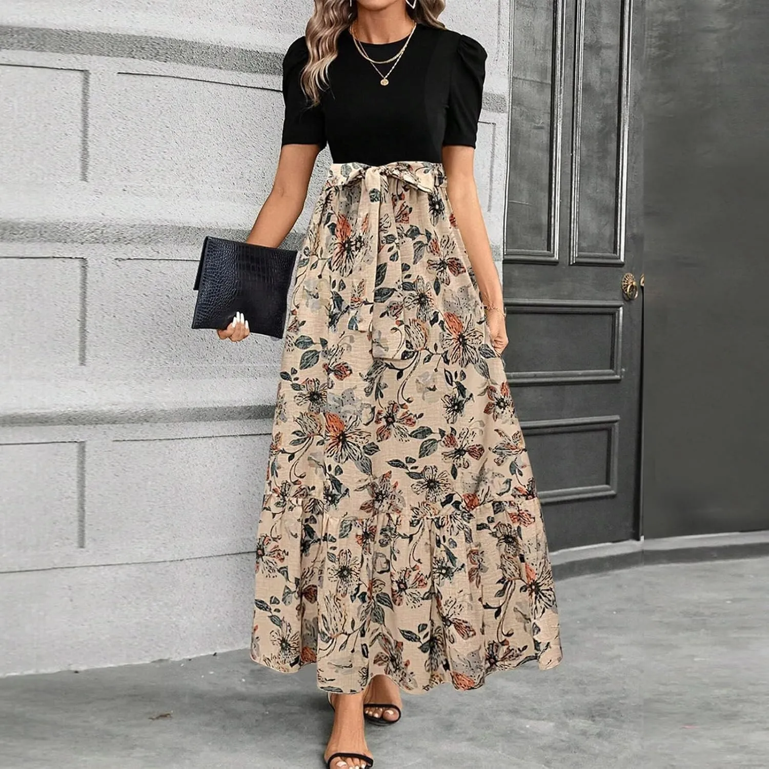 Summer Dresses for Women Elegant Boho Tie Belted Patchwork Empire Waist Short Sleeve Modest Flowy Maxi Long Dress