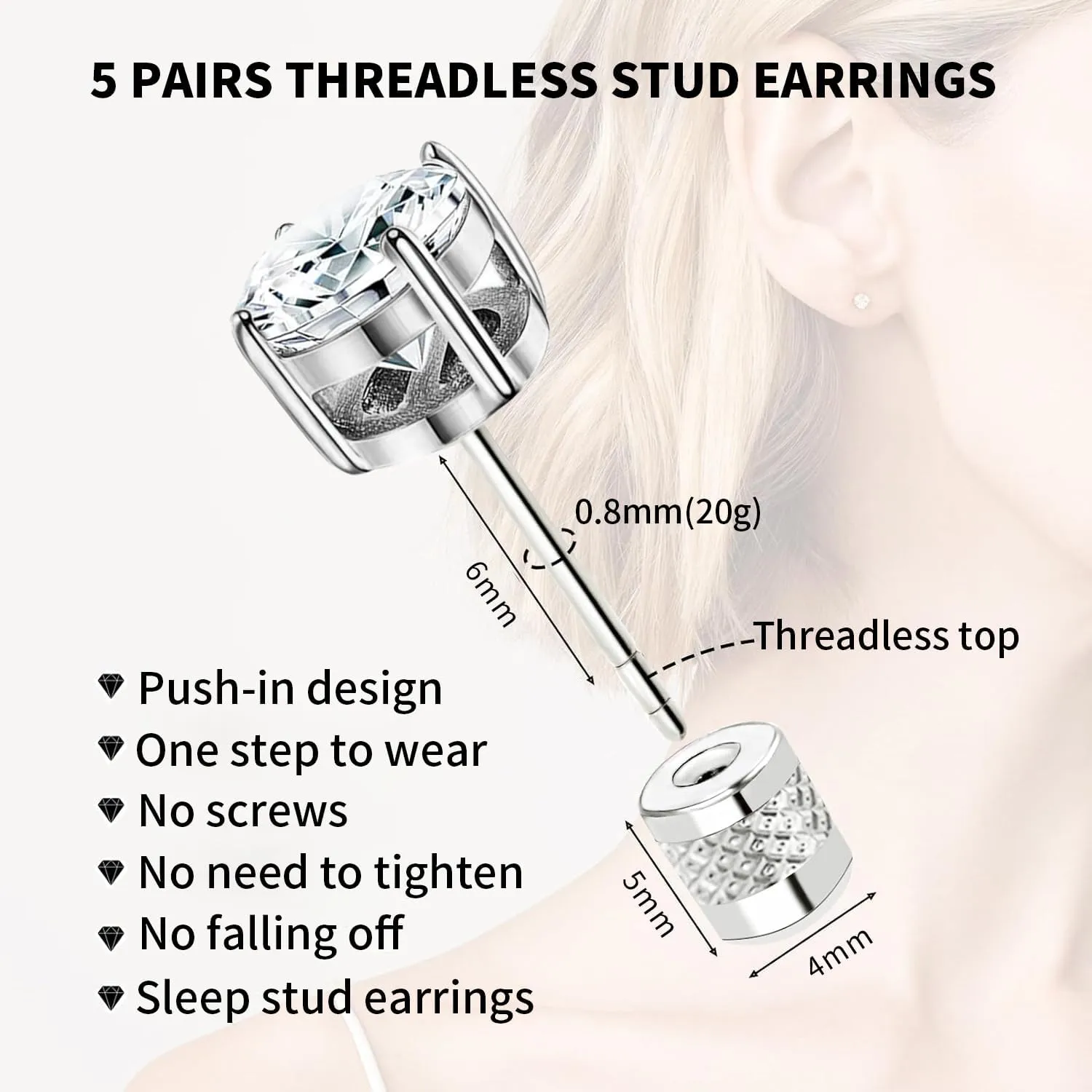 Surgical Stainless Steel Stud Earrings Push-in Threadless Flat Back Stud Earrings Hypoallergenic Cubic Zirconia Earrings Studs Set Multi-Pack, CZ Studs Earrings Trendy Cartilage Stud Earrings 3-8mm for Women Men