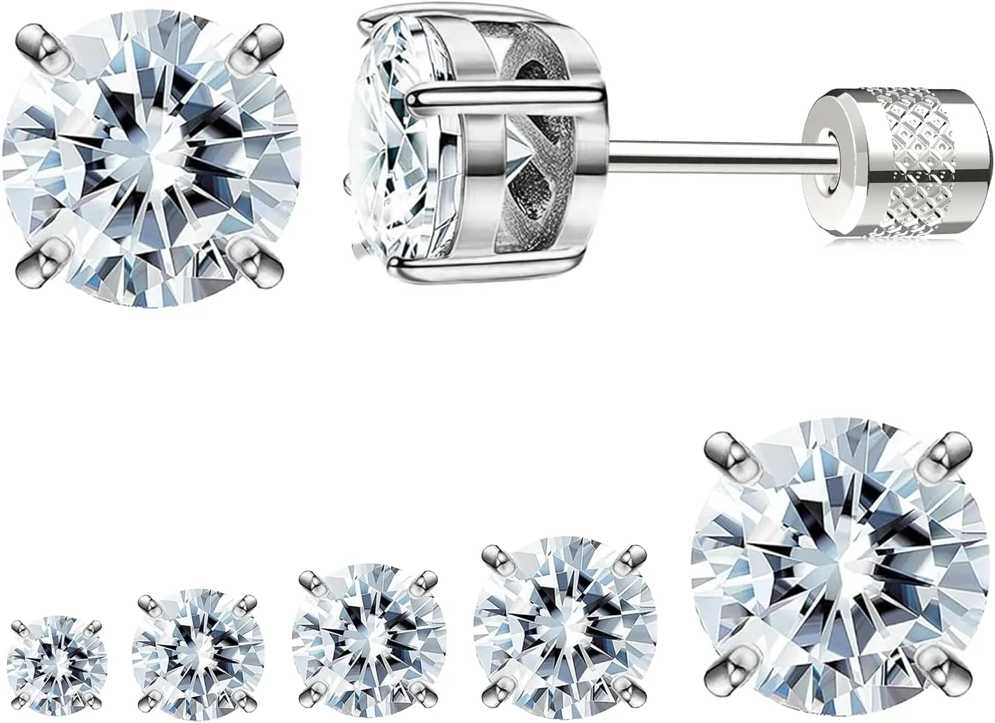 Surgical Stainless Steel Stud Earrings Push-in Threadless Flat Back Stud Earrings Hypoallergenic Cubic Zirconia Earrings Studs Set Multi-Pack, CZ Studs Earrings Trendy Cartilage Stud Earrings 3-8mm for Women Men