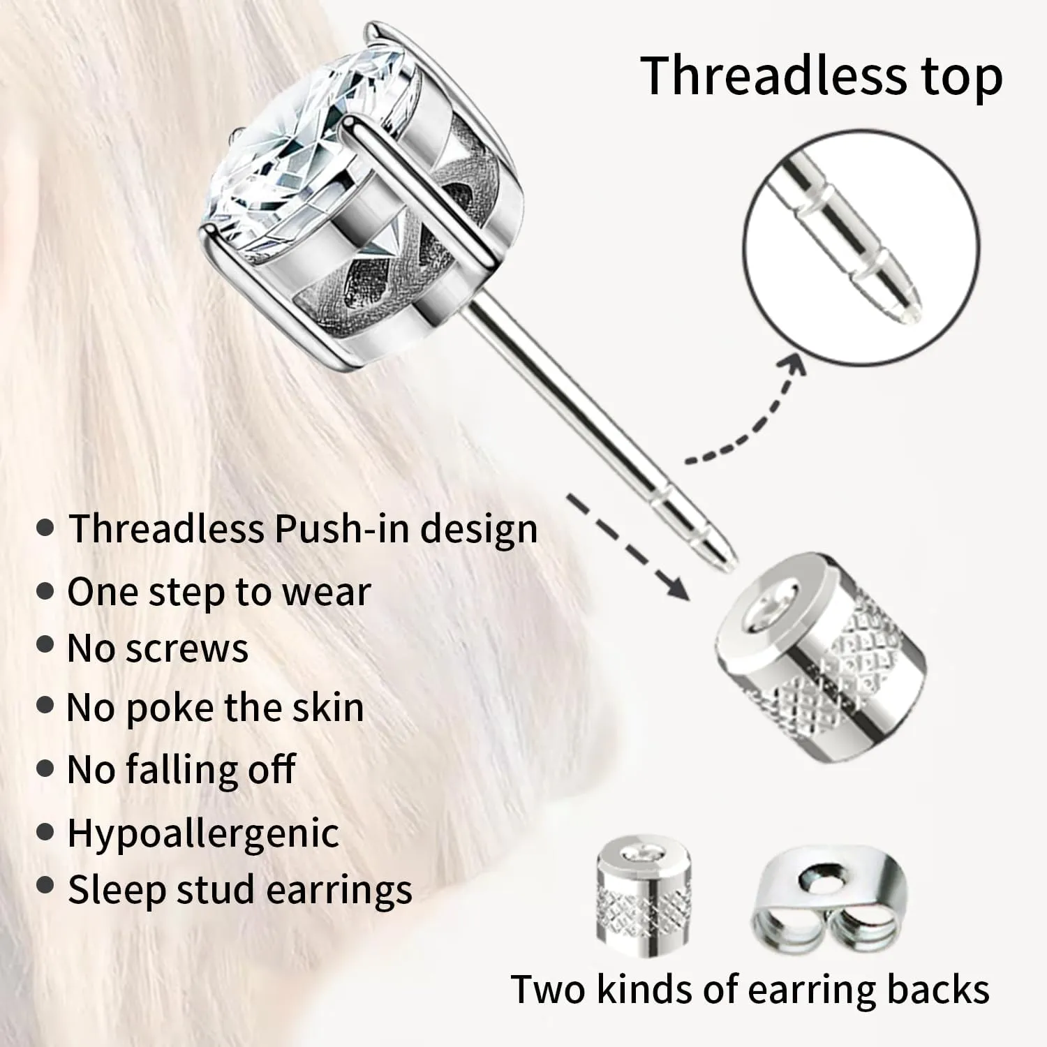 Surgical Stainless Steel Stud Earrings Push-in Threadless Flat Back Stud Earrings Hypoallergenic Cubic Zirconia Earrings Studs Set Multi-Pack, CZ Studs Earrings Trendy Cartilage Stud Earrings 3-8mm for Women Men