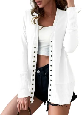 VERABENDI Women Long Sleeve Snaps Button Down V Neck Cute Knit Sweater Cardigan