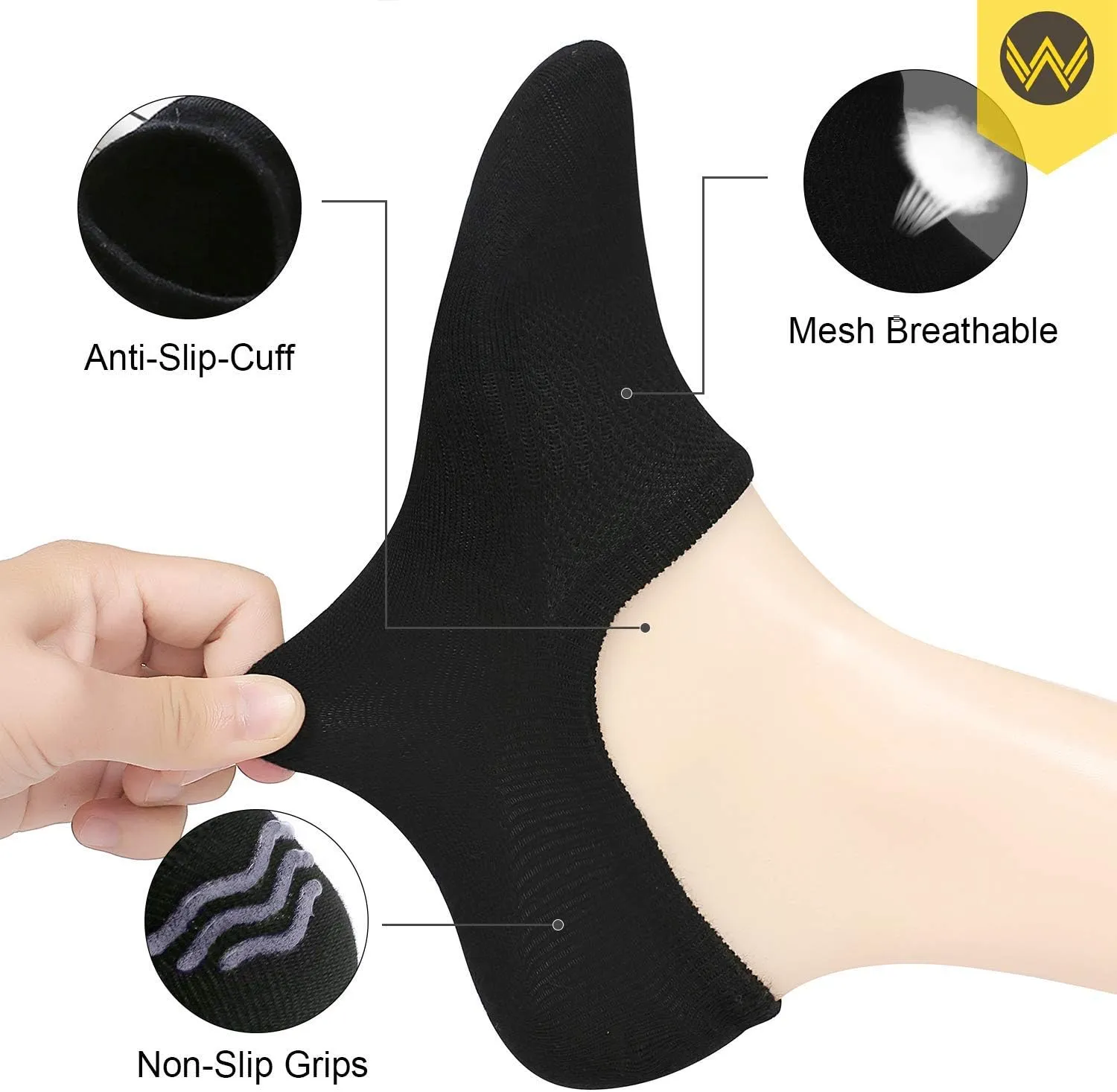 WANDER No Show Socks 10 Pairs Cotton Non Slip Low Cut Invisible Loafer Socks Men&Women Boat Liner 6-8/9-11/12-14