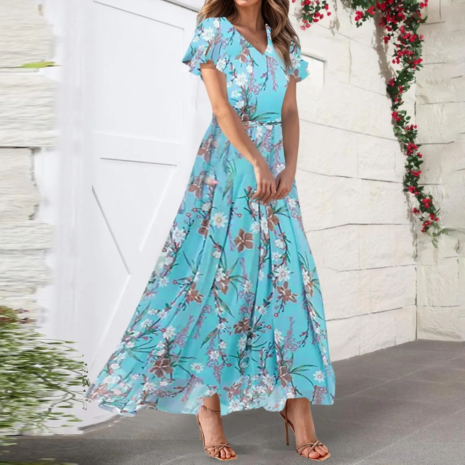 Women Floral Maxi Dress V Neck Flutter Sleeve Long Flowy Chiffon Dresses Casual Summer A Line Garden Party Dresses