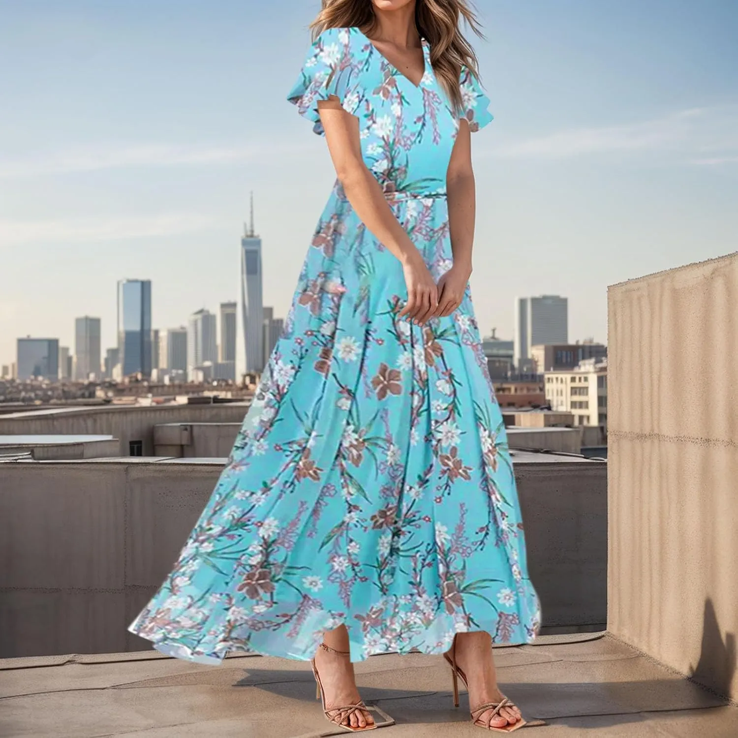 Women Floral Maxi Dress V Neck Flutter Sleeve Long Flowy Chiffon Dresses Casual Summer A Line Garden Party Dresses