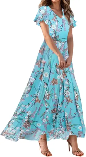 Women Floral Maxi Dress V Neck Flutter Sleeve Long Flowy Chiffon Dresses Casual Summer A Line Garden Party Dresses