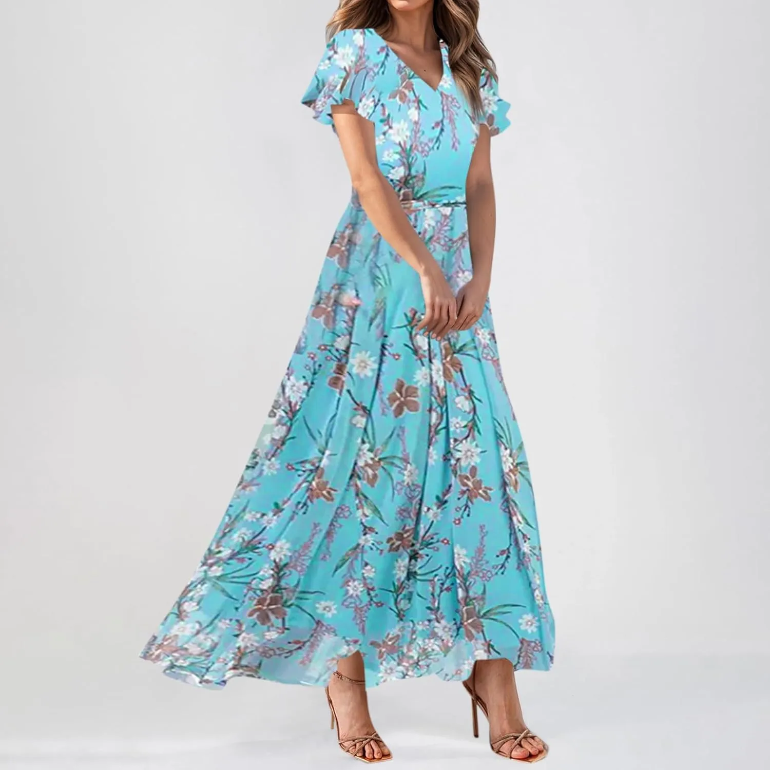 Women Floral Maxi Dress V Neck Flutter Sleeve Long Flowy Chiffon Dresses Casual Summer A Line Garden Party Dresses