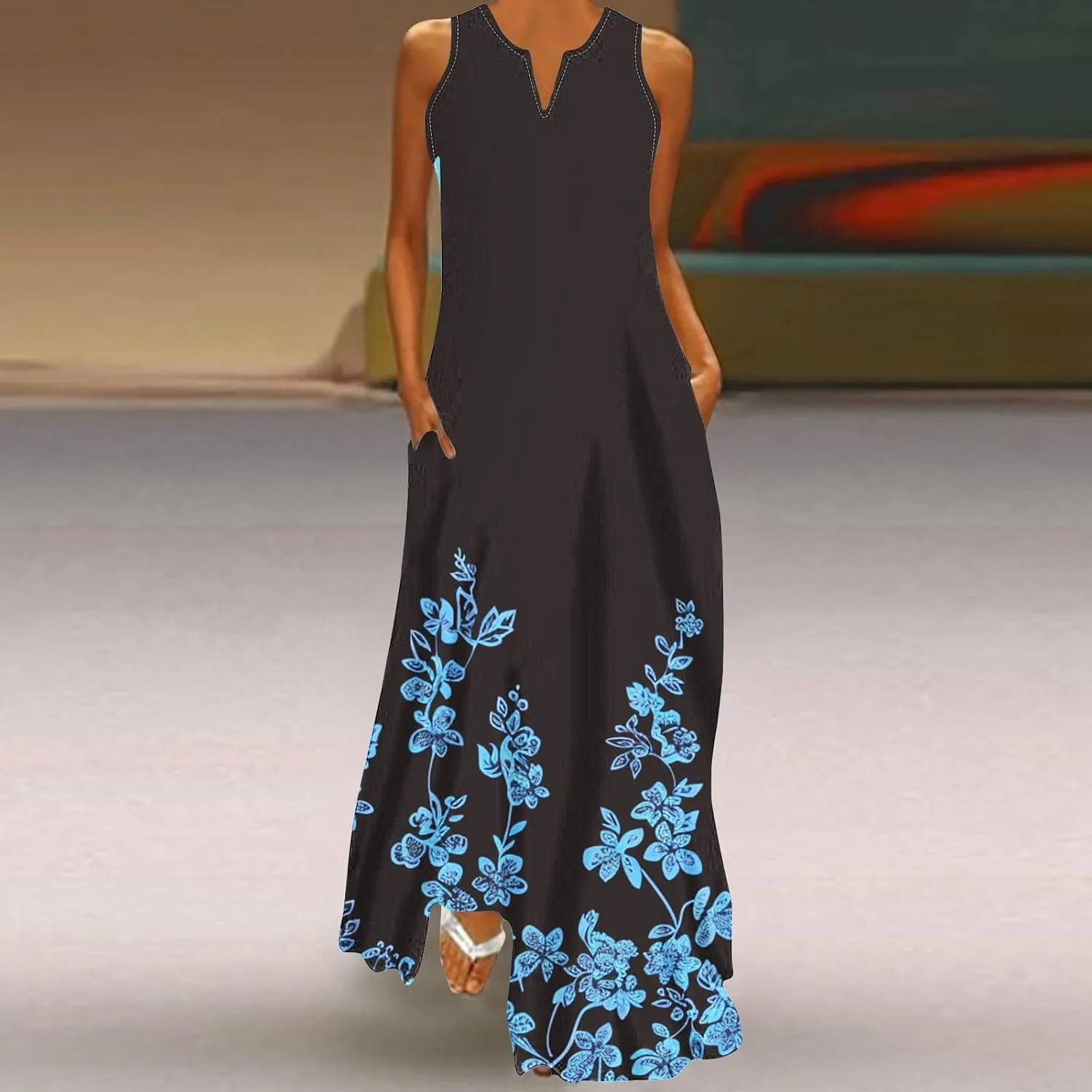 Women's Casual Loose Maxi Sundress Summer Sleeveless V Neck Long Dress Vintage Floral Beach Dress with Pockets