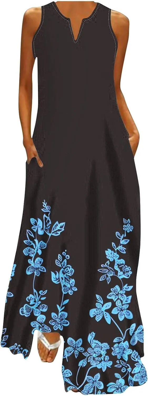 Women's Casual Loose Maxi Sundress Summer Sleeveless V Neck Long Dress Vintage Floral Beach Dress with Pockets