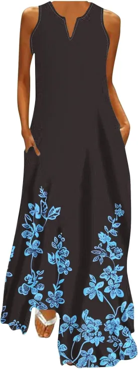 Women's Casual Loose Maxi Sundress Summer Sleeveless V Neck Long Dress Vintage Floral Beach Dress with Pockets
