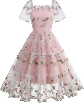 Womens Elegant Tiered Tulle Embroidered Dresses Homecoming Tea Party A-Line Vintage Square Neck Floral Dress