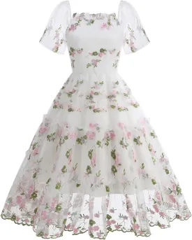 Womens Elegant Tiered Tulle Embroidered Dresses Homecoming Tea Party A-Line Vintage Square Neck Floral Dress