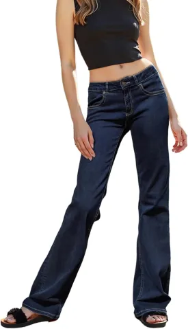 Women's Flare Bell Bottom Jeans Y2K Vintage Low Rise Stretch Bootcut Jeans Casual Wide Leg Denim Pants Streetwear