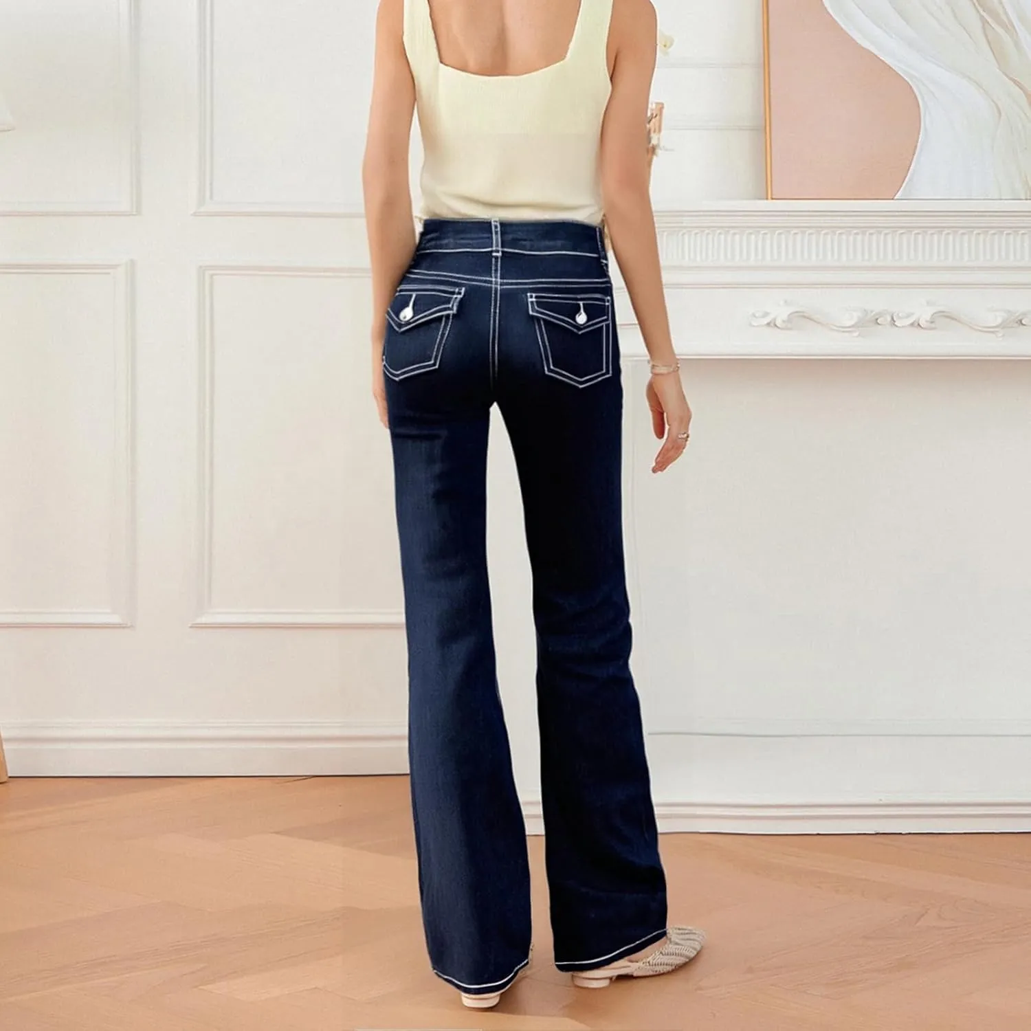 Women's Flare Bell Bottom Jeans Y2K Vintage Low Rise Stretch Bootcut Jeans Casual Wide Leg Denim Pants Streetwear